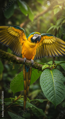 Stunning vibrant macaw parrot with spread wings perched on mossy branch in lush green rainforest, a beautiful natural moment