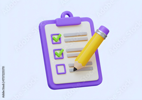 3d icon todo list with checkmark and pencil. Survey or feedback concept, isolated on white background