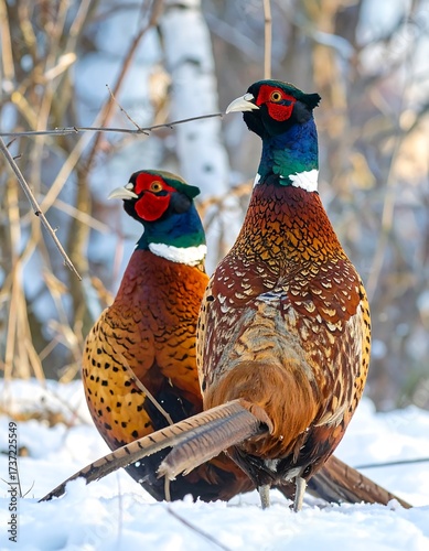 Two pheasants in snowy forest