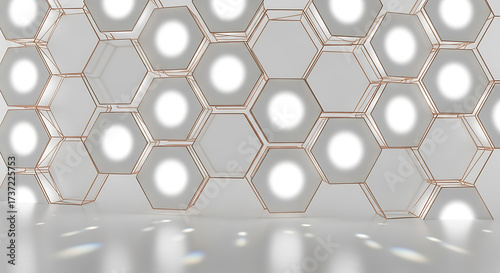 Elegant honeycomb design with glowing lights and reflections, perfect for modern backgrounds, creative concepts, and futuristic projects