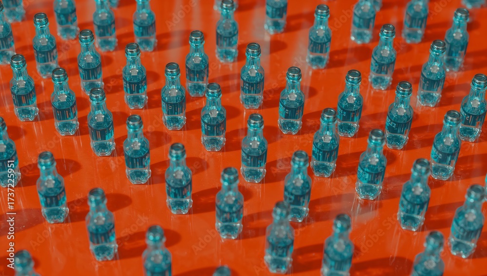 Obraz premium Mysterious Bottles: A mesmerizing overhead perspective of numerous translucent bottles in perfect alignment on a radiant orange backdrop, creating an intriguing visual narrative.