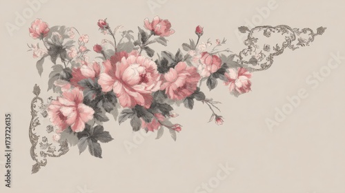 Beautiful Floral Pattern With Pink Roses and Intricate Design Details in Soft Colors, Perfect for Home Decor or Textile Design Inspirations