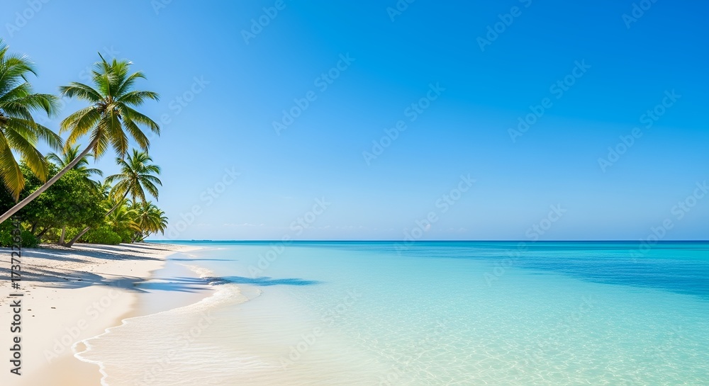 Fototapeta premium Idyllic Tropical Beach with White Sand, Palm Trees, and Turquoise Sea under a Clear Blue Sky.