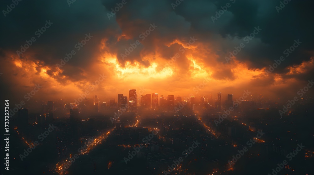 Naklejka premium Cityscape under dramatic sunset with fiery clouds