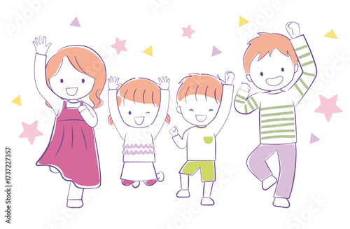 大喜びでジャンプして喜んでいる子供2人と両親　4人家族