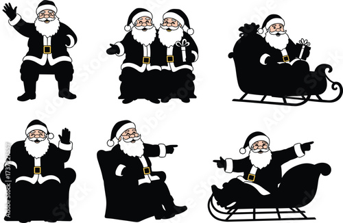Santa Claus illustrations, festive Christmas character, holiday sleigh and gift poses, black and white vector, seasonal clipart, cheerful celebration, winter graphic, traditional icon