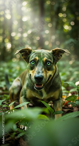 Happy dog with stunning green eyes relaxes in lush green forest environment, capturing the beauty of nature and animal companionship
