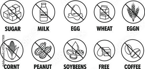 Allergen Restriction Icons Set with Sugar, Milk, Egg, Wheat, Corn, Peanut, and Coffee