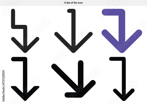 Set of simple downward arrow icons with different styles and directions