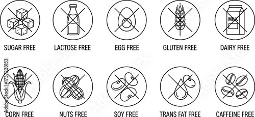 Allergen Warning Outline Icon Set with Sugar, Lactose, Gluten and Dairy Free