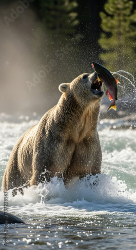 Powerful grizzly bear catching a salmon in a rushing river, dynamic action shot of wildlife in its natural habitat, stunning