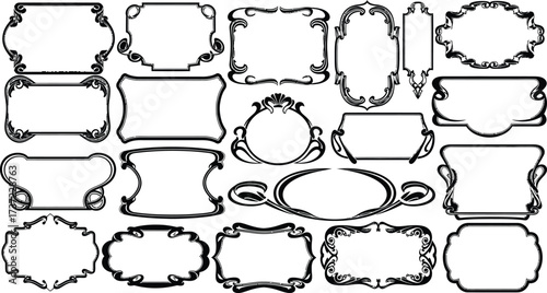 Art Nouveau Style Frames Set, Ornate Black Decoration on Transparent Background