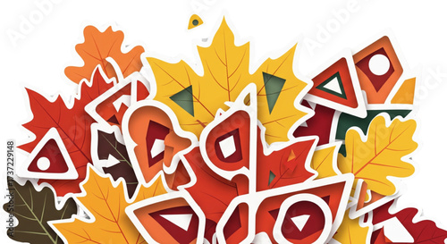 Vibrant layered autumn leaves in red, orange, yellow, brown, with modern geometric paper-cut patterns, fall season graphic design