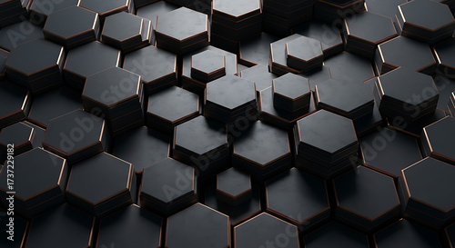 Abstract geometric hexagon pattern with modern dark design and luxurious bronze accents creating a dynamic 3D effect