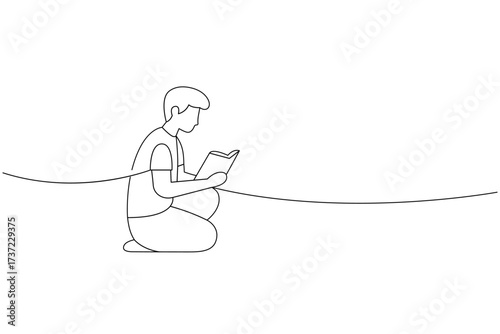Boy kneeling and reading book. Linear continuous line drawing