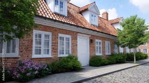 Traditional red brick house with white windows tiled roof and garden landscaping under a blue sky