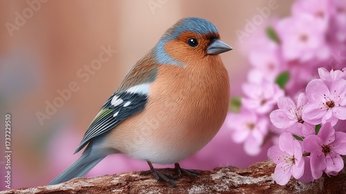 A small bird with orange and blue plumage perches on a branch with pink blossoms