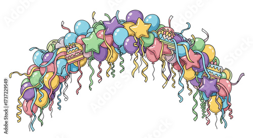 Whimsical Pastel Balloon Arch Garland with Star Balloons, Streamers, and Gifts. Festive Birthday Party Decoration Illustration.