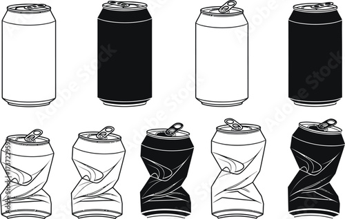 Aluminum Can Line Art New & Crushed, Recycling Concept, Drink Container, Black and White