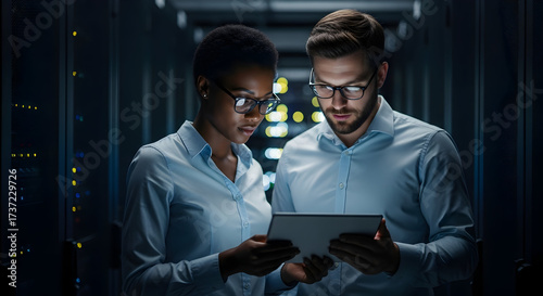 Data Center Collaboration Diverse Team Inspecting Server Room Infrastructure Using Tablet Two Engineers Securing Network Solutions in Modern Technology Facility Analytics