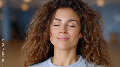 Serene young woman with long curly brown hair closes eyes smiling peacefully soft background