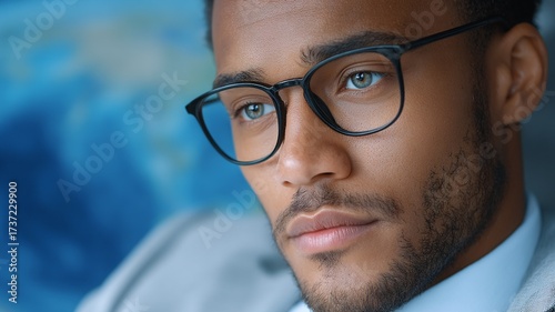 Close up portrait of a man wearing modern eyeglasses with a focused gaze against a blurred blue background