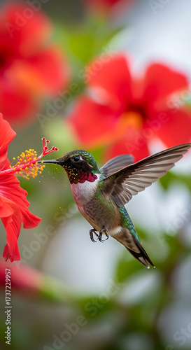 Vibrant hummingbird feeding on red hibiscus flower, capturing nature's beauty and delicate details for stunning visual impact