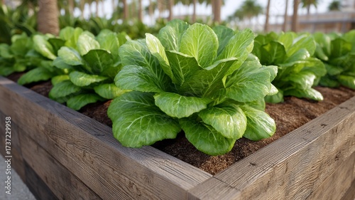 Fresh green romaine lettuce plants growing in a wooden raised garden bed