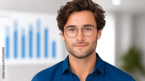 Confident young man wearing round glasses looking directly at the camera in an office setting with blurred bar charts