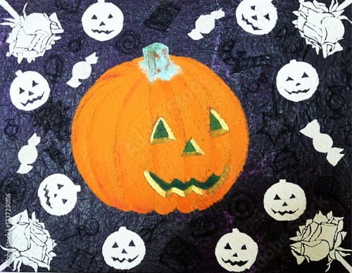 ハロウィンを象徴するオレンジ色のジャックオーランタンとかぼちゃを中心に、飴やキャンディが散りばめられた暗い背景のイラストレーション｜かぼちゃ,ジャックオーランタン,パンプキン,お菓子,キャンディ,背景