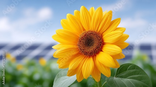 Close up of a vibrant yellow sunflower blooming against a blurred background of solar panels and blue sky
