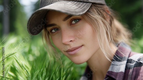 Close up portrait of a young woman with blonde hair wearing a baseball cap and plaid shirt standing in a green field