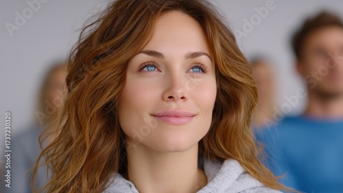 Close up profile of a young woman with wavy brown hair and striking blue eyes looking upwards with a gentle smile