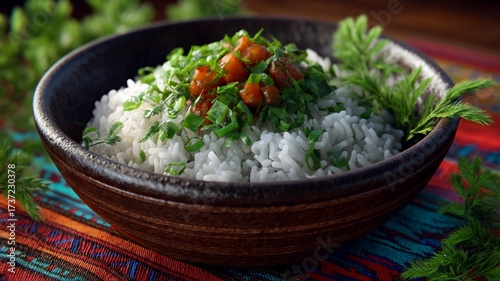 Steaming bowl of white rice topped with savory diced vegetables and fresh green herbs