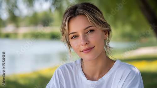 Young blonde woman with green eyes and freckles wearing a white t shirt outdoors with blurred background