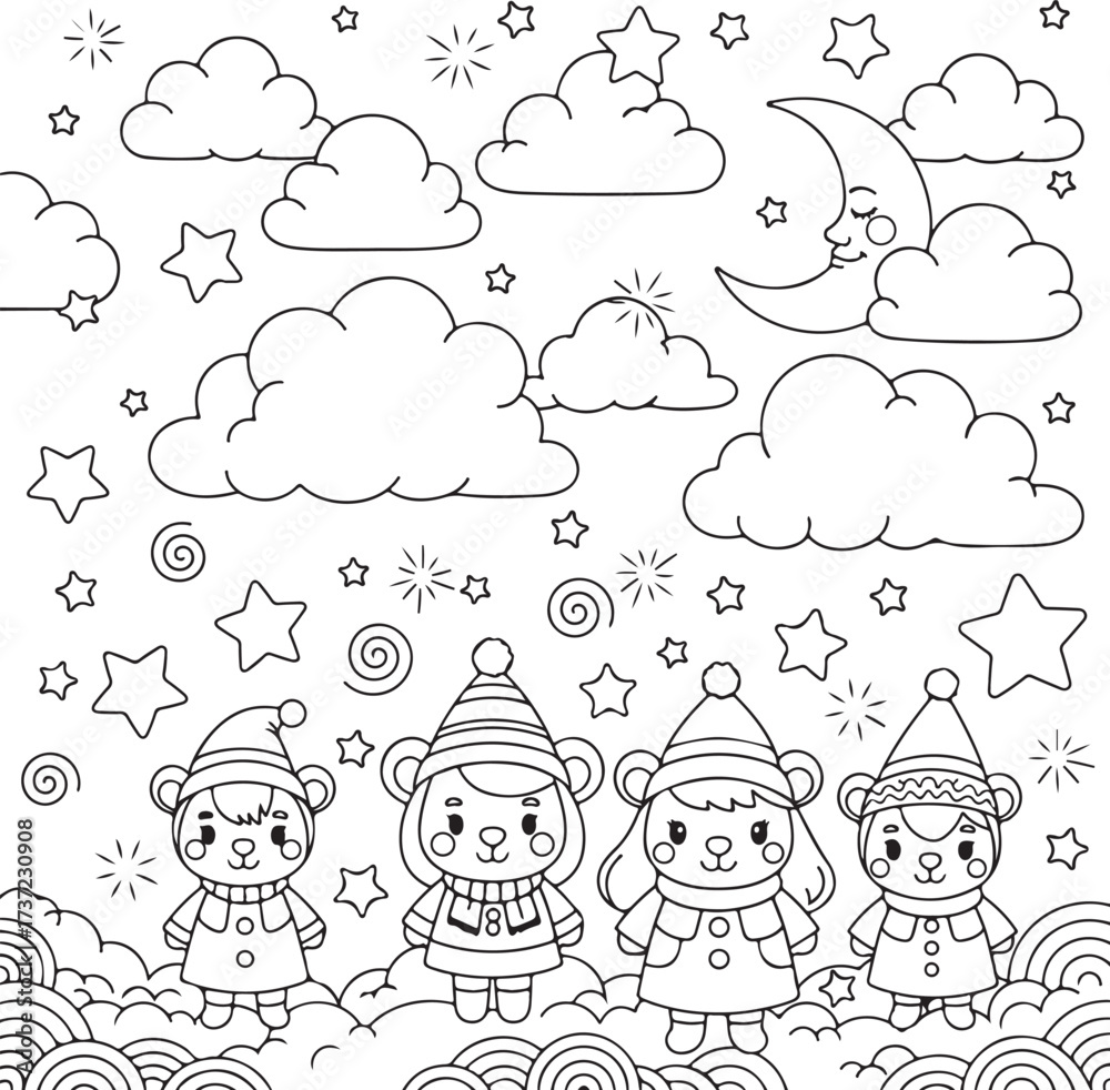 Naklejka premium Cute bear in the sky with rainbow and clouds line art