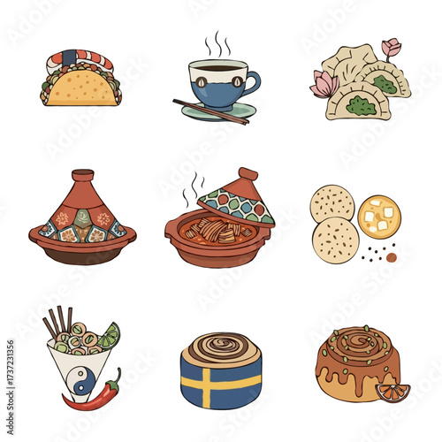 Vector Icons Of Assorted International Foods And Drinks Perfect For Culinary Websites And Menus