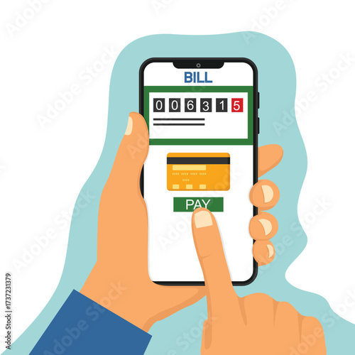 Hand holding smartphone to pay electricity consumption, electricity bill on screen, person monitoring electricity consumption using mobile app.