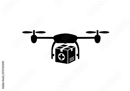 Quadcopter drone silhouette carrying a medical package with a cross symbol.