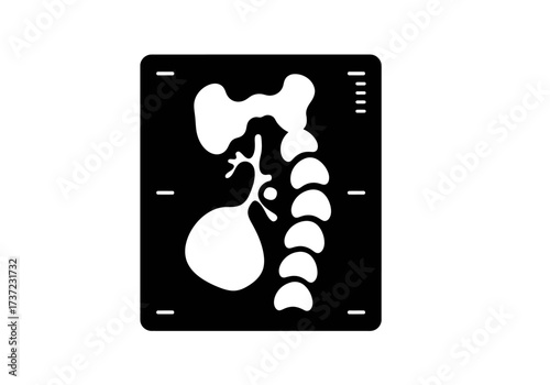Monochromatic medical scan icon displaying human internal organs spine and anatomical structures in silhouette.