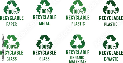 Assorted recycling symbols with labels for different waste types, design