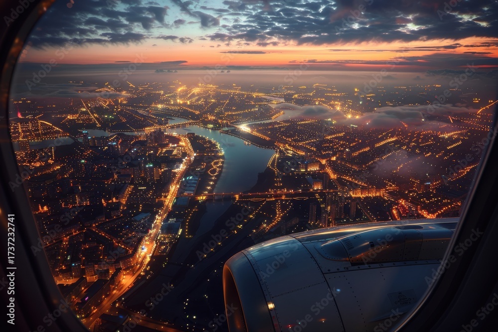 Fototapeta premium Aerial View of City Lights at Sunset from Airplane Window