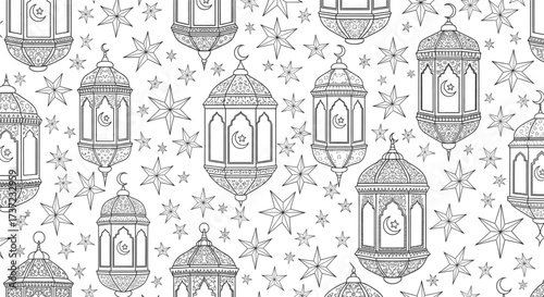 Detailed black and white seamless pattern of Islamic lanterns, stars, and crescent moons. Hand drawn Ramadan Eid background.
