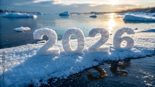 Wallpaper Mural Snowy 2026 Year Numbers on Frozen Lake with Icebergs and Bright Winter Sun Torontodigital.ca