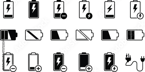 Battery Charge Level Indicator Icon Set in Black and White, Transparent Background
