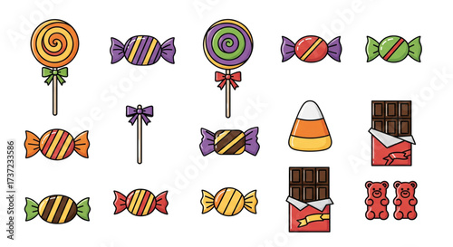 Colorful Halloween Candy Collection Flat Vector Illustration Sweet Treats Chocolates Lollipops Wrapped Candies Gummy Bears