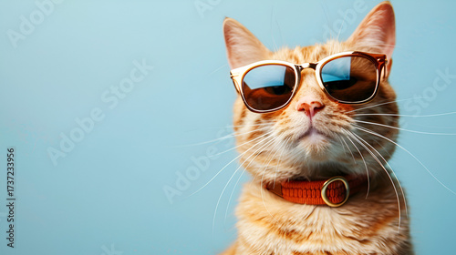 Adorable orange cat wearing cool sunglasses posing against pastel blue background