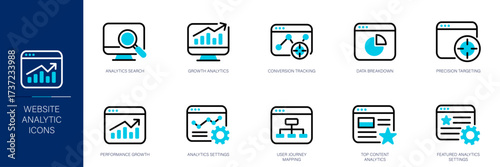 Website Analytics Blue Colored Outline Icon Set