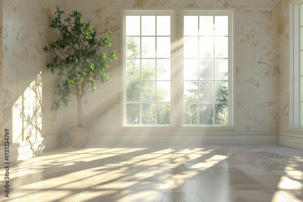 Fototapeta premium Bright and Airy Room with Sunlight Streaming Through Windows