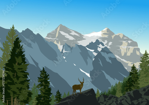 Mountain landscape with deer and pine forest vector illustration